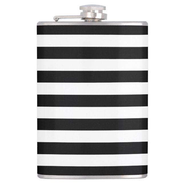 Trendy Black and White Wide Horizontal Stripes Hip Flask (Front)