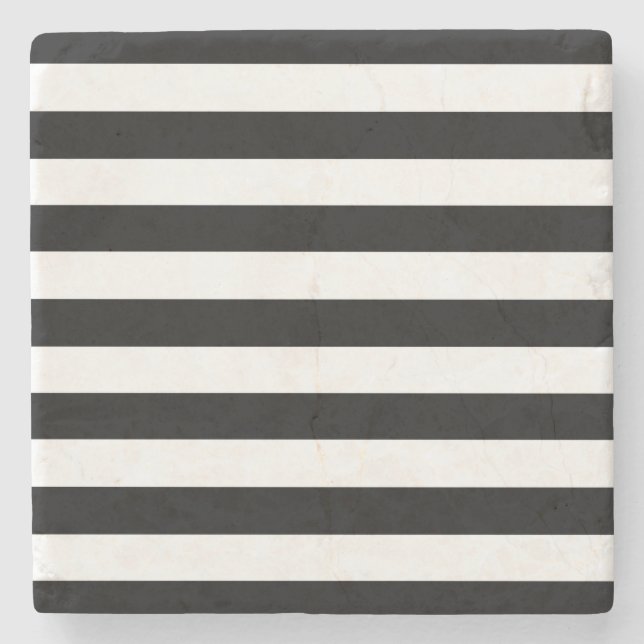 Trendy Black and White Wide Horizontal Stripes Stone Coaster (Front)