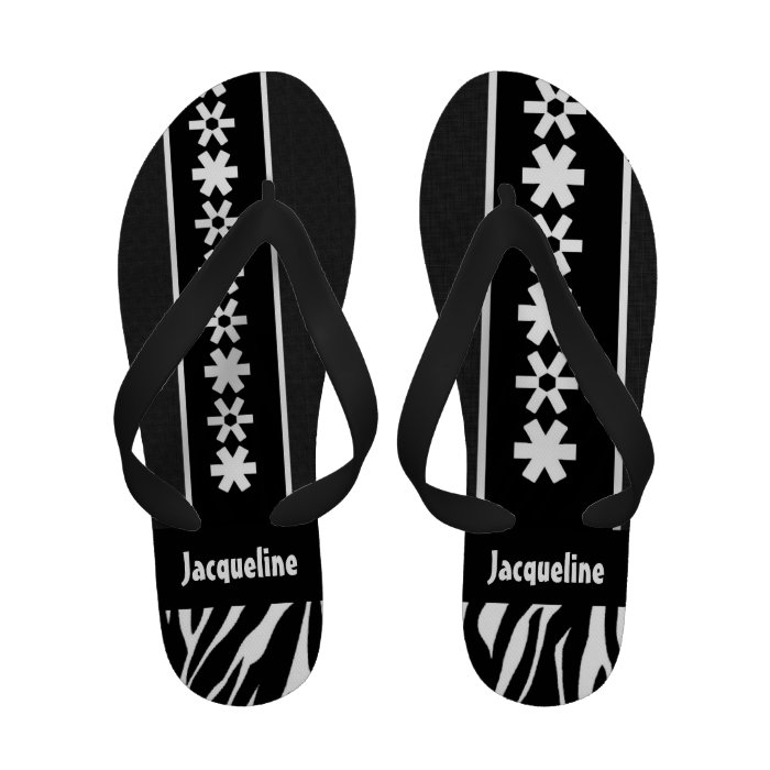 Trendy Black and White with Zebra Custom Name V24 Flip Flops