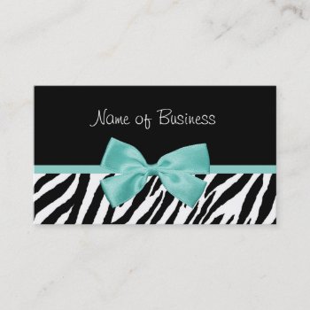 Trendy Black And White Zebra Aqua Mint Ribbon Business Card by GirlyBusinessCards at Zazzle
