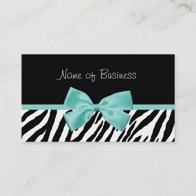 Trendy Black And White Zebra Aqua Mint Ribbon Business Card (Front)