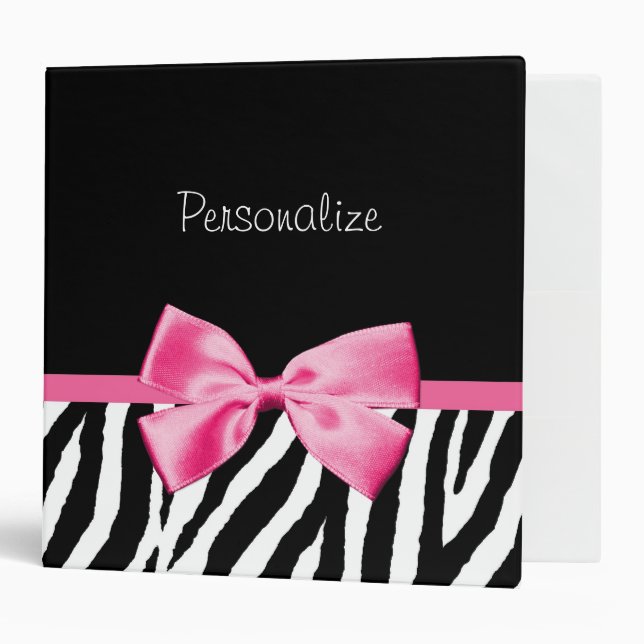 Trendy Black And White Zebra Print Pink Ribbon 3 Ring Binder (Front/Inside)