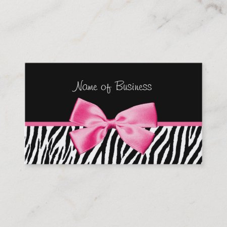 Trendy Black And White Zebra Print Pink Ribbon Business Card