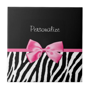 Trendy Black And White Zebra Print Pink Ribbon Ceramic Tile