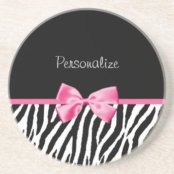 Trendy Black And White Zebra Print Pink Ribbon Drink Coaster by PhotographyTKDesigns at Zazzle