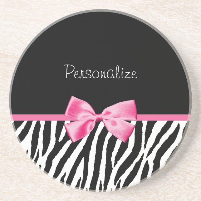 Trendy Black And White Zebra Print Pink Ribbon Drink Coaster (Front)