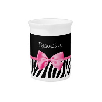 Trendy Black And White Zebra Print Pink Ribbon Drink Pitcher by PhotographyTKDesigns at Zazzle