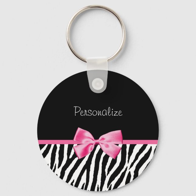 Trendy Black And White Zebra Print Pink Ribbon Keychain (Front)