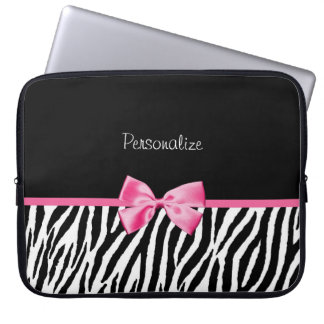 Trendy Black And White Zebra Print Pink Ribbon Laptop Sleeve