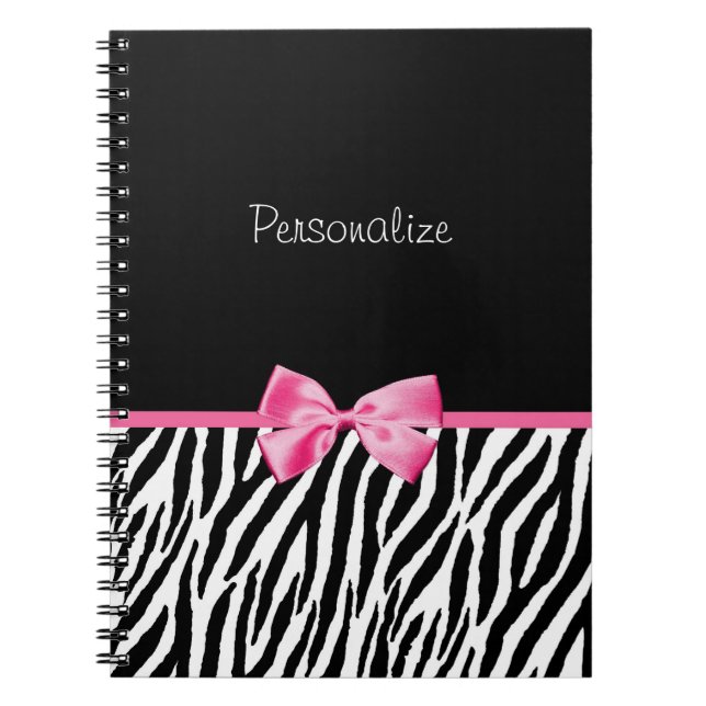 Trendy Black And White Zebra Print Pink Ribbon Notebook (Front)