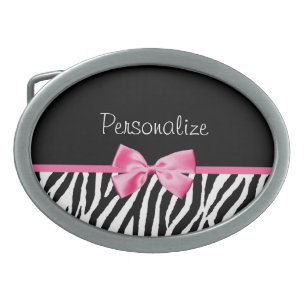 Trendy Black And White Zebra Print Pink Ribbon Oval Belt Buckle