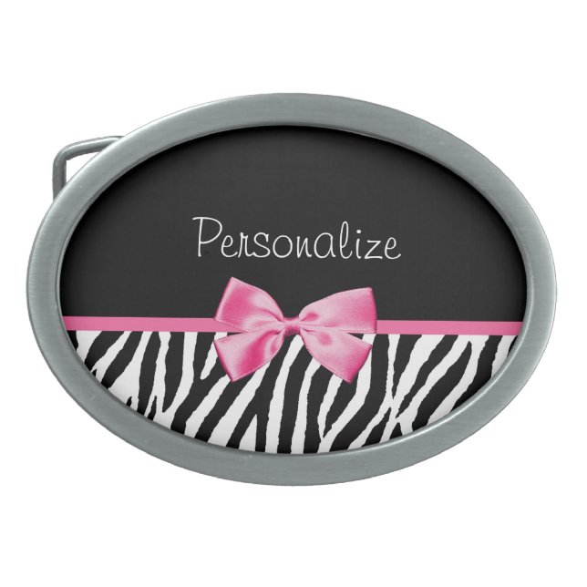Trendy Black And White Zebra Print Pink Ribbon Oval Belt Buckle (Front)