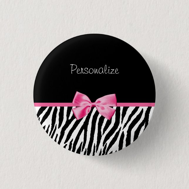 Trendy Black And White Zebra Print Pink Ribbon Pinback Button (Front)