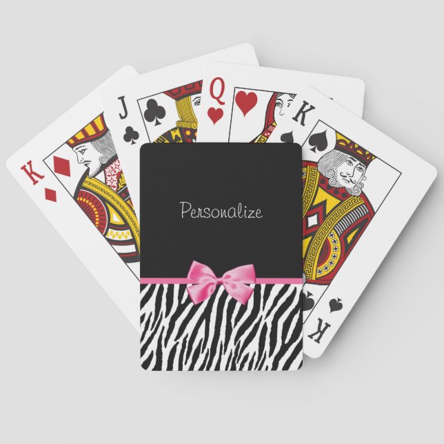 Trendy Black And White Zebra Print Pink Ribbon Poker Cards (Back)
