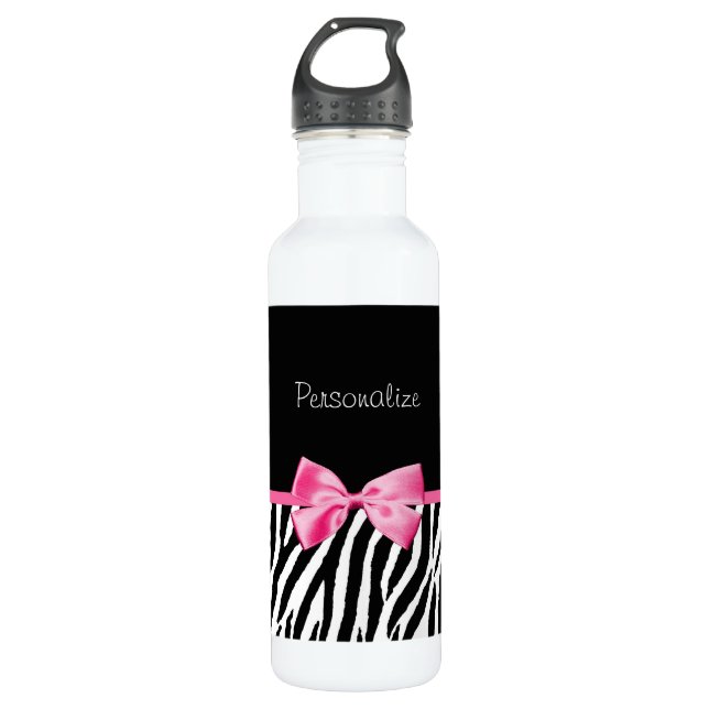 Trendy Black And White Zebra Print Pink Ribbon Stainless Steel Water Bottle (Front)