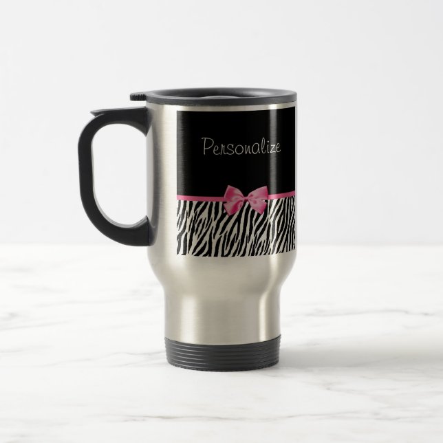 Trendy Black And White Zebra Print Pink Ribbon Travel Mug (Left)