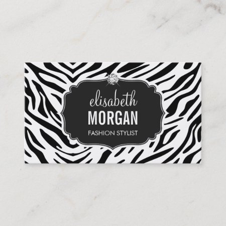 Trendy Black And White Zebra Print Shiny Diamond Business Card