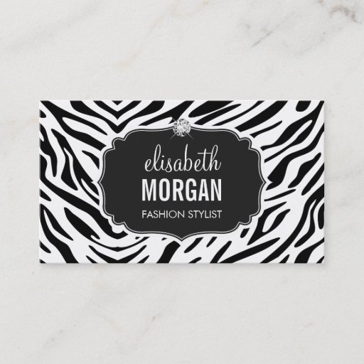 Customizable Trendy Black and White Zebra Print Shiny Diamond Business Card Templates