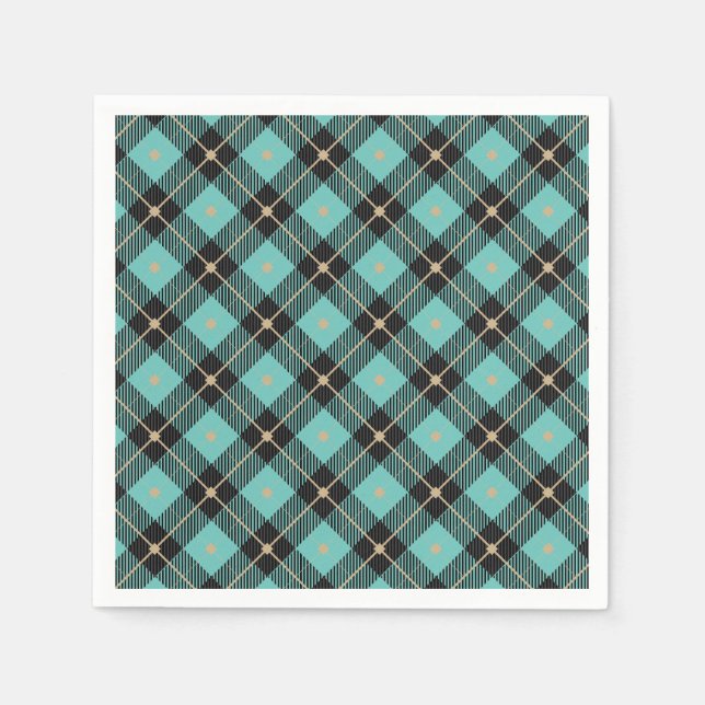 Trendy Black Aqua Plaid Napkins (Front)