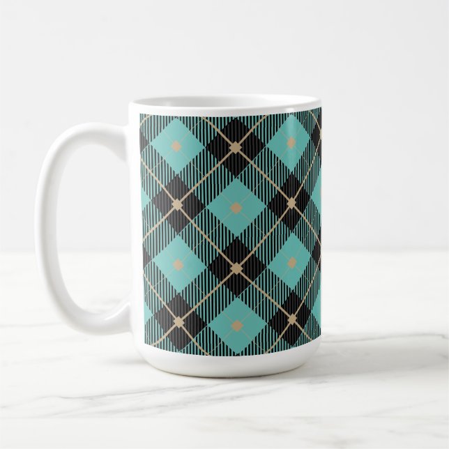 Trendy Black Aqua Plaid Pattern Coffee Mug (Left)