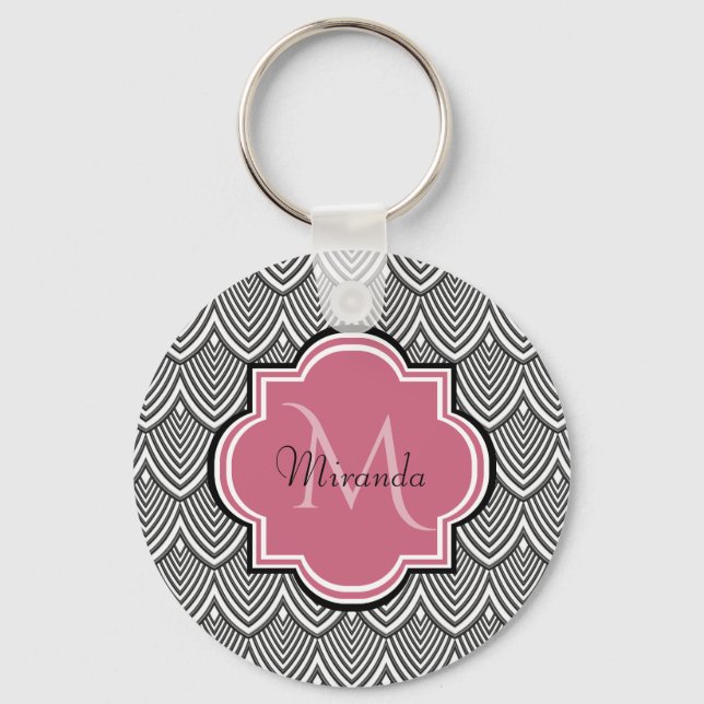 Trendy Black Arched Scallops Pink Monogram Name Keychain (Front)