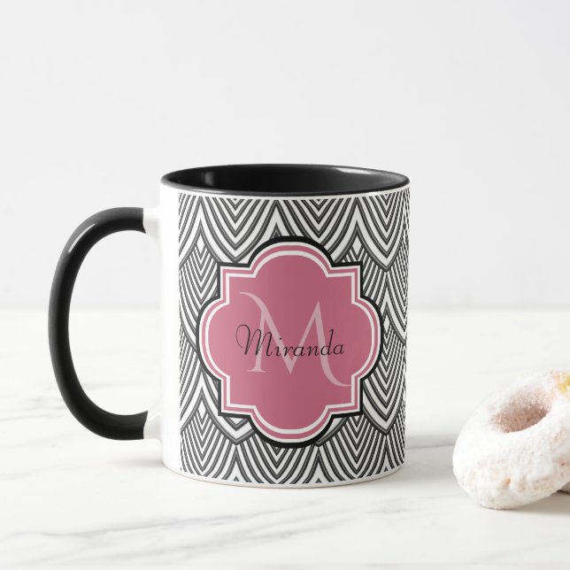 Trendy Black Arched Scallops Pink Monogram Name Mug (With Donut)
