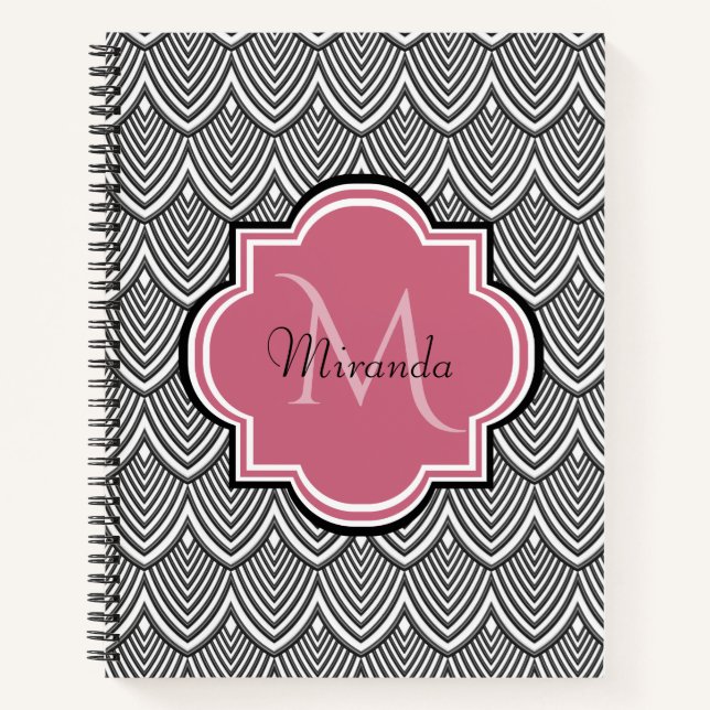 Trendy Black Arched Scallops Pink Monogram Name Notebook (Front)
