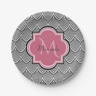Trendy Black Arched Scallops Pink Monogram Name Paper Plates