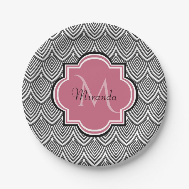Trendy Black Arched Scallops Pink Monogram Name Paper Plates (Front)