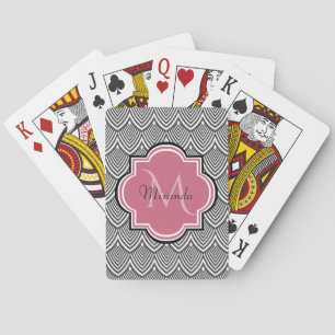 Trendy Black Arched Scallops Pink Monogram Name Poker Cards