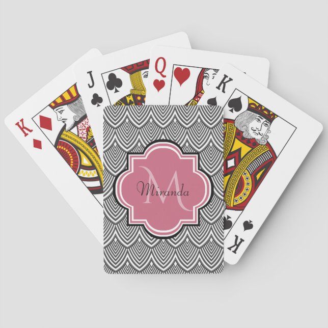Trendy Black Arched Scallops Pink Monogram Name Poker Cards (Back)