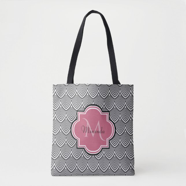 Trendy Black Arched Scallops Pink Monogram Name Tote Bag (Front)