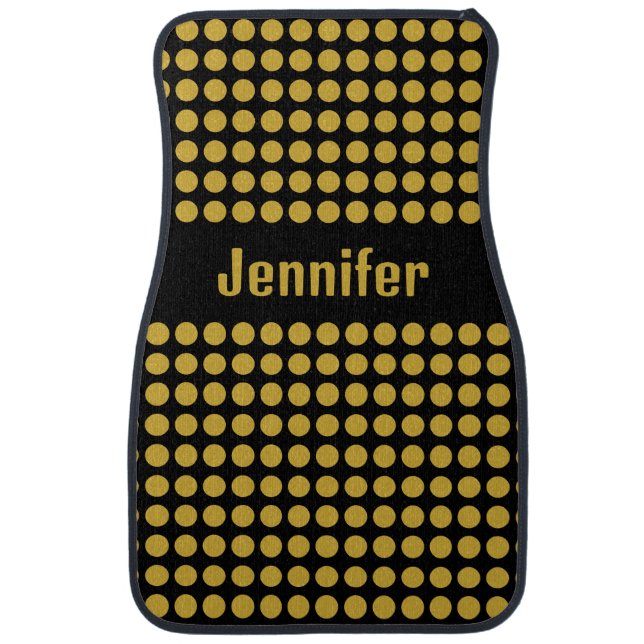 Trendy Black Background Gold Dot Personalized Name Car Floor Mat (Front)