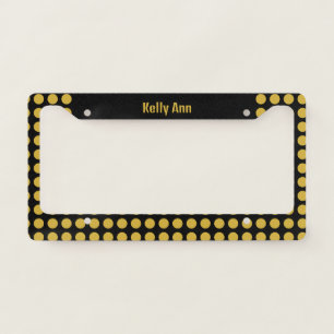 Trendy Black Background Gold Polka Dot Custom Name License Plate Frame