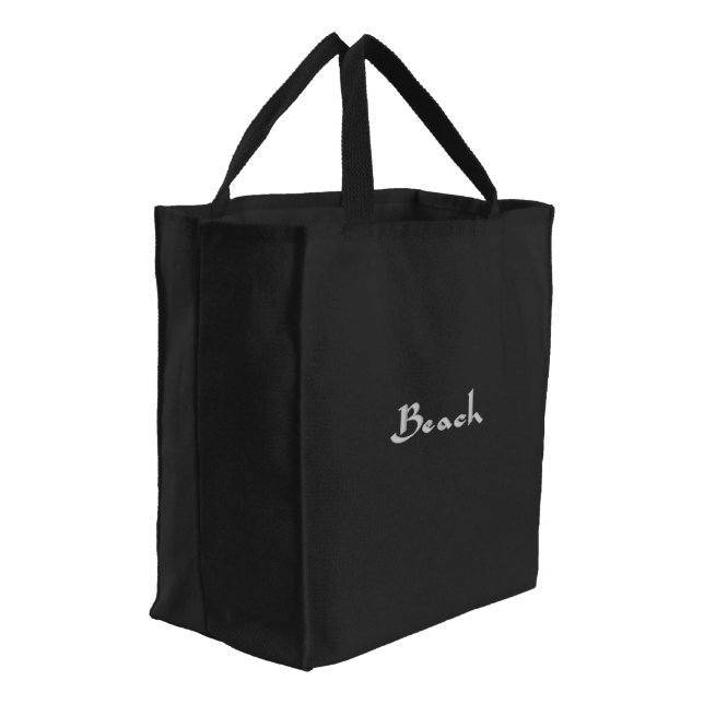 Trendy Black Beach Text Mark Casual Embroidered Tote Bag (Angled)