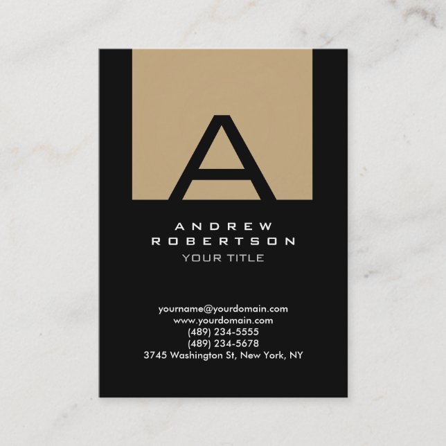 Trendy Black Beige Monogram Stripe Business Card (Front)