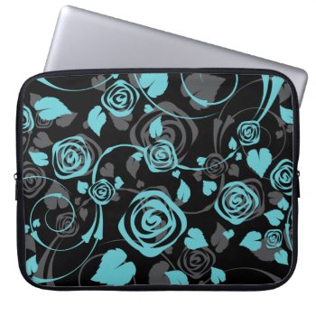 Trendy Black & Blue Floral Rose Laptop Sleeve by celebrateitgifts at Zazzle