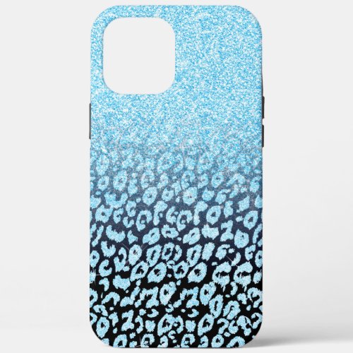 Trendy Black  Blue Glitter Ombre Leopard Print iPhone 12 Pro Max Case