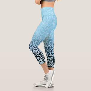 Trendy Black & Blue Glitter Ombre Leopard Print To Capri Leggings