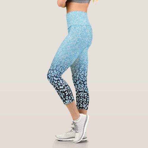 Trendy Black  Blue Glitter Ombre Leopard Print To Capri Leggings