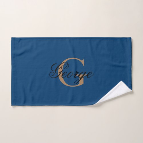 Trendy Black Blue Gold Stylish Monogram  Hand Towel