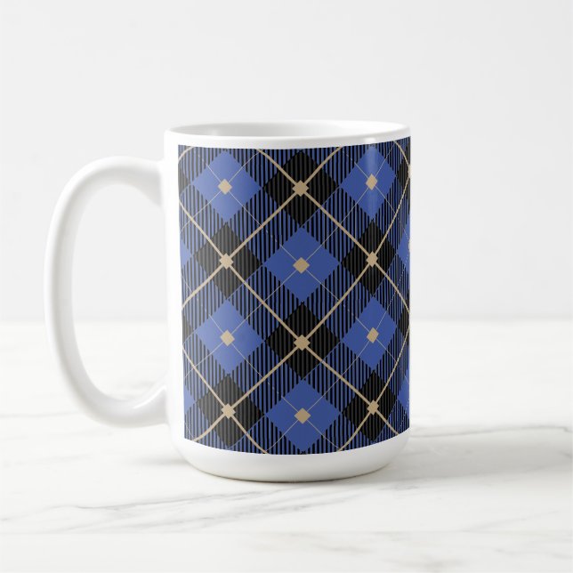 Trendy Black Blue Plaid Pattern Coffee Mug (Left)