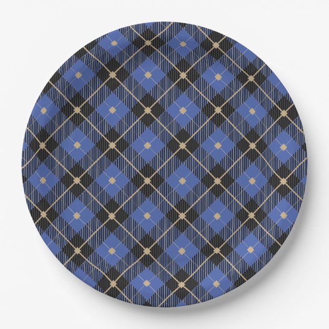 Trendy Black Blue Plaid Pattern Paper Plates (Front)
