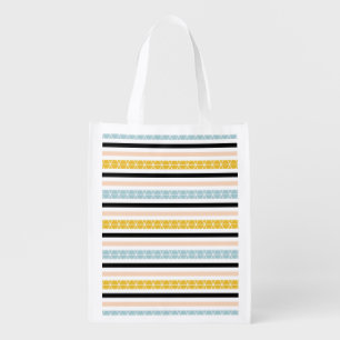 Trendy Black Blue Yellow Peach Stripes Design Reusable Grocery Bag