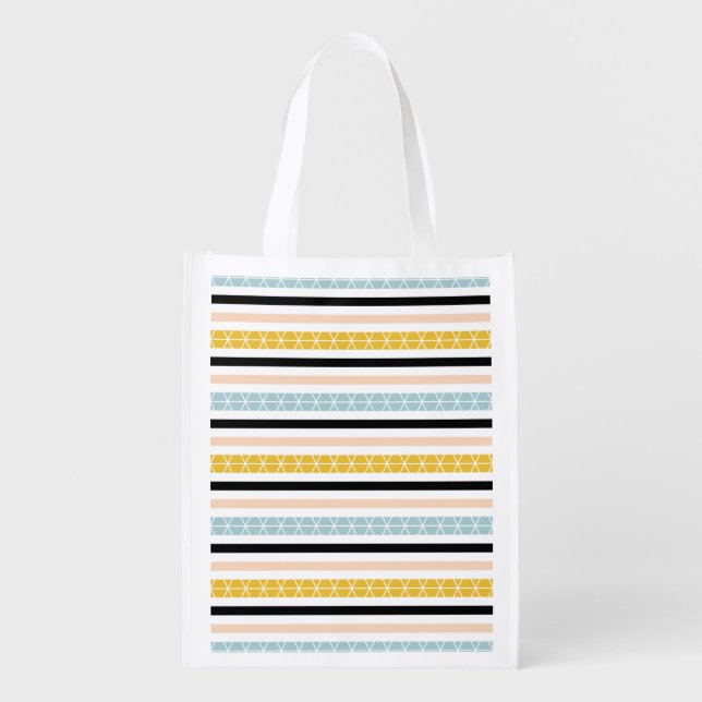 Trendy Black Blue Yellow Peach Stripes Design Reusable Grocery Bag (Front)