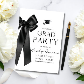 Trendy Black Bow Graduation Party Coquette Grad  Invitation