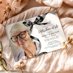 Trendy Black Bow Photo Celebration Of Life Invitation