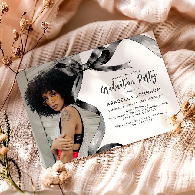 Trendy Black Bow Photo Graduation Invitation (Creator Uploaded)