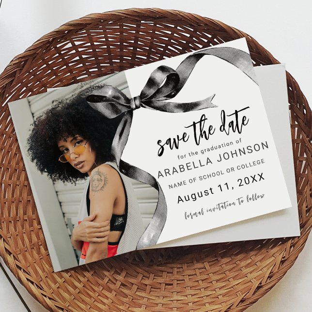 Trendy Black Bow Photo Graduation Save The Date (Creator Uploaded)