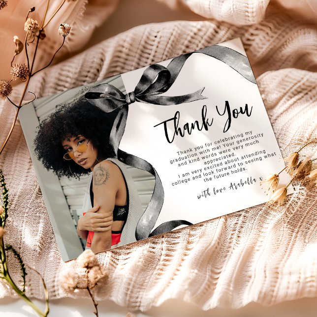 Trendy Black Bow Photo Graduation Thank You Card (Creator Uploaded)